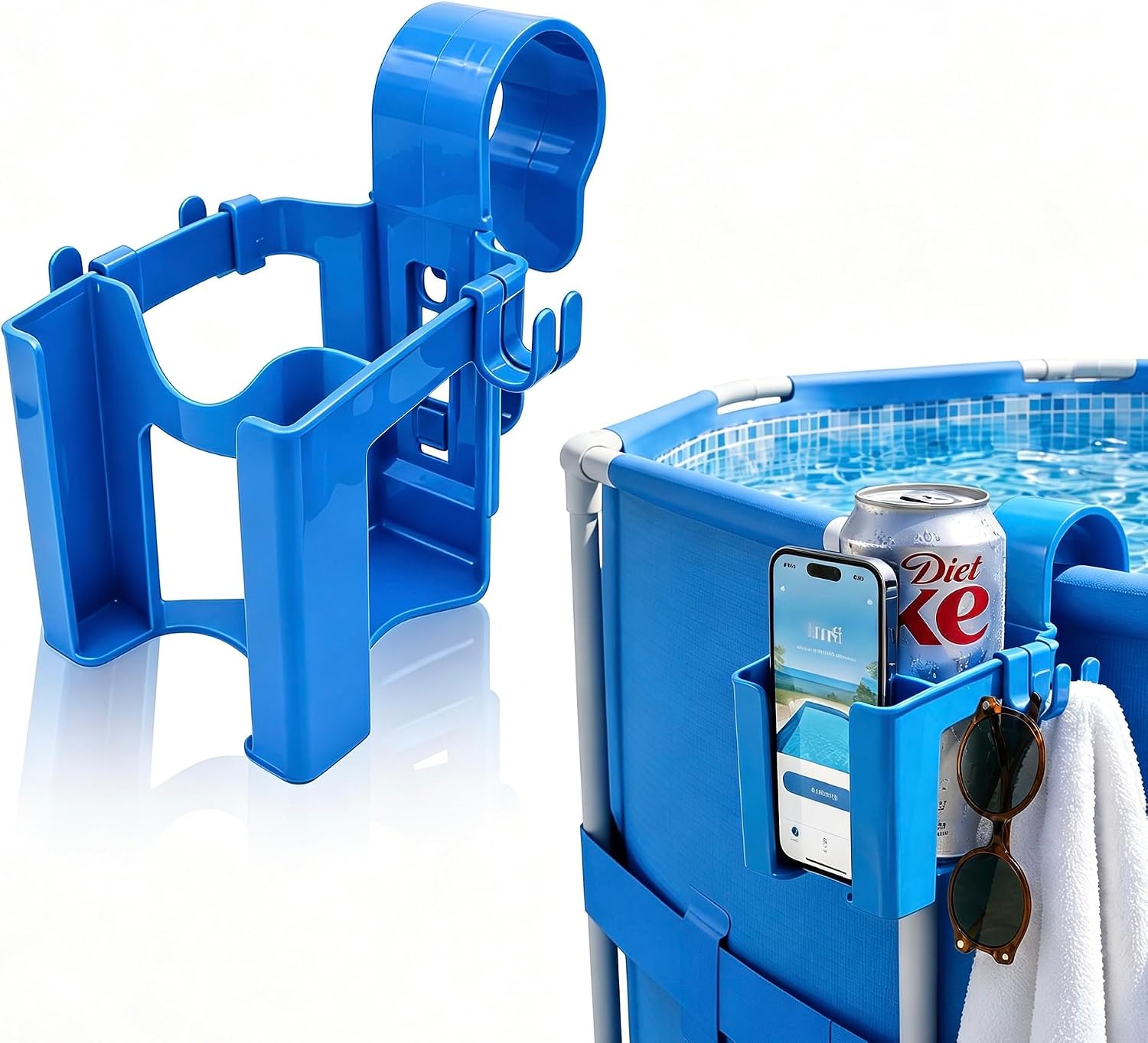 3-in-1 Poolside Cup Holder for Above Ground Pool, Drink Holder with Phone Slot & 5 Hooks, Fits Round Pipes ≤ 1.88", Pool Side Organizer for Sunglasses (Blue 1pc)