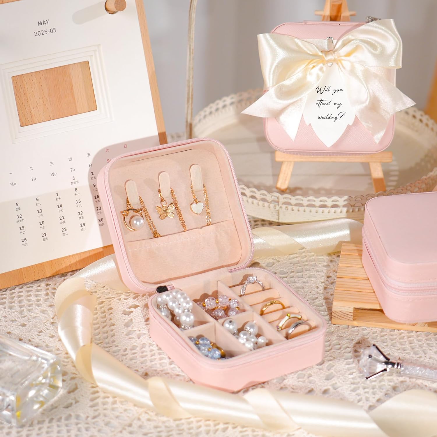 8 Pcs Bridesmaid Proposal Jewelry Box Bridesmaids Proposal Gift Boxes Jewelry Travel Case with 8 Message Cards, 8 Pins,Women Bridesmaids Wedding Gifts Earring Ring Accessories Storage Organizer(Pink)