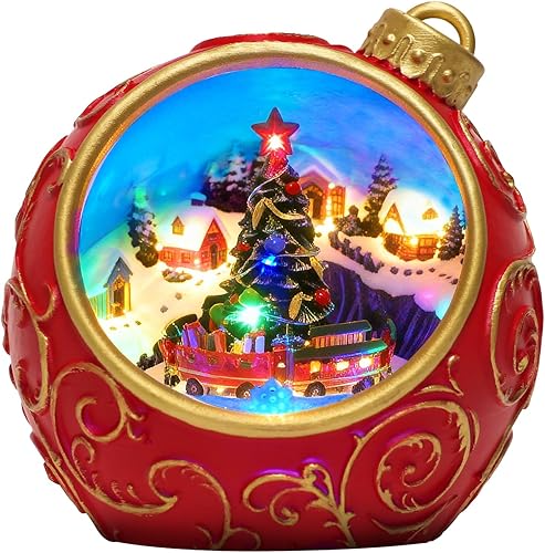 Decoración musical de pueblo navideño de 6.3 pulgadas con tren giratorio y luces, temporizador automático de 6 horas y control de volumen, USB