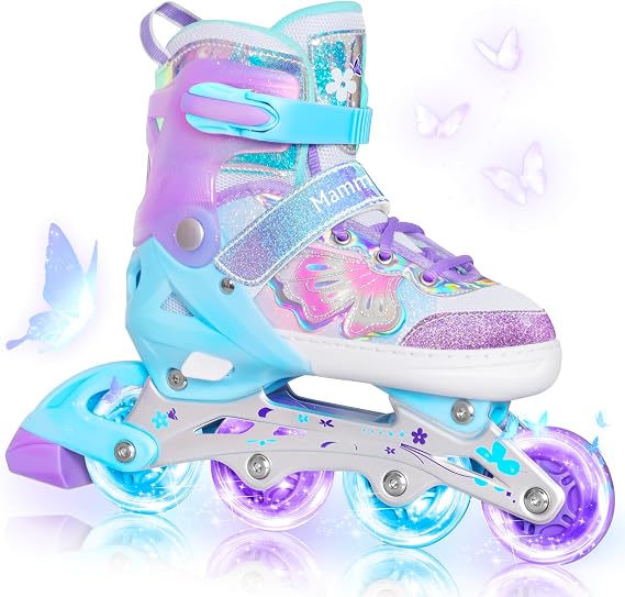MammyGol Inline Skates for Girls Kids, 4 Size Adjustable Butterfly Roller Skates with Vibrant Colors Flashing Wheels, Skates Indoor Outdoor for Beginners Women Lady