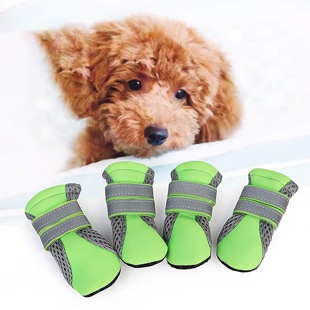 Foto 4 de 7 de Zapatos casuales para mascotas, 4 unidades, con cierre reflectante, antideslizantes, transpirables, de malla