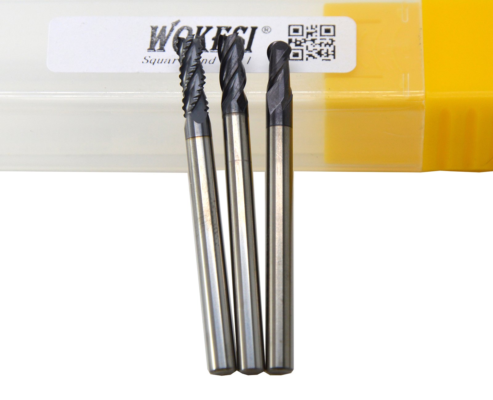 Wokesi Pack of 3Pcs,4mm Dia,Suqare End Mill,Ball Nose End Mill,and Roughing End Mill Set,Std Length,HRC55,TiAlN Coated,Solid Carbide,CNC Lathe Router Bits Cutting Milling Tools (4mm+4mm+4mm)