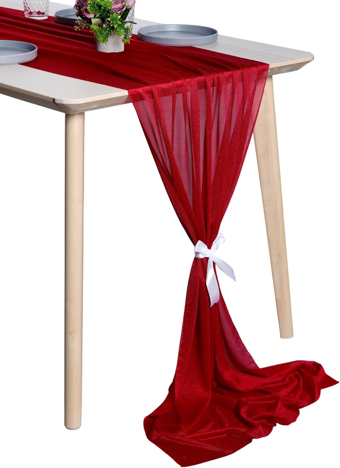 MDS 10 Pack 14ft Chiffon Table Runner 29 x170 Inches Sheer Wedding Runner Romantic Rustic Table Runner for Wedding Decorations, Birthday Parties, Bridal Shower Party Arch Decor - Apple red