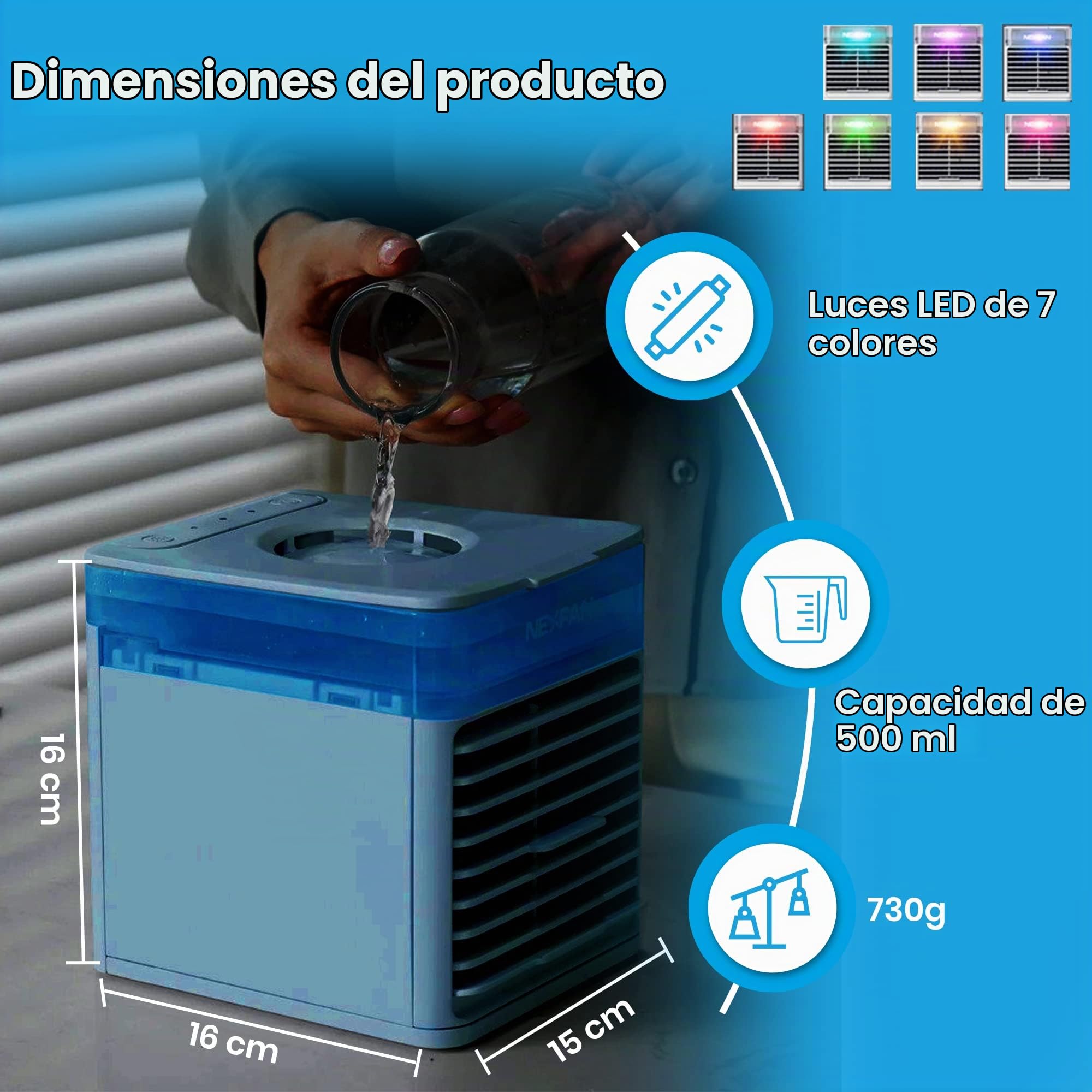 Nexfan EVO PRO Aire Acondicionado Portátil Mini 3 en 1 Aire Acondicionado USB Enfriador de Aire y Humidificador 3 Velocidades Ajustables, Luces LED Ventilador para Hogar y Oficina, Azul