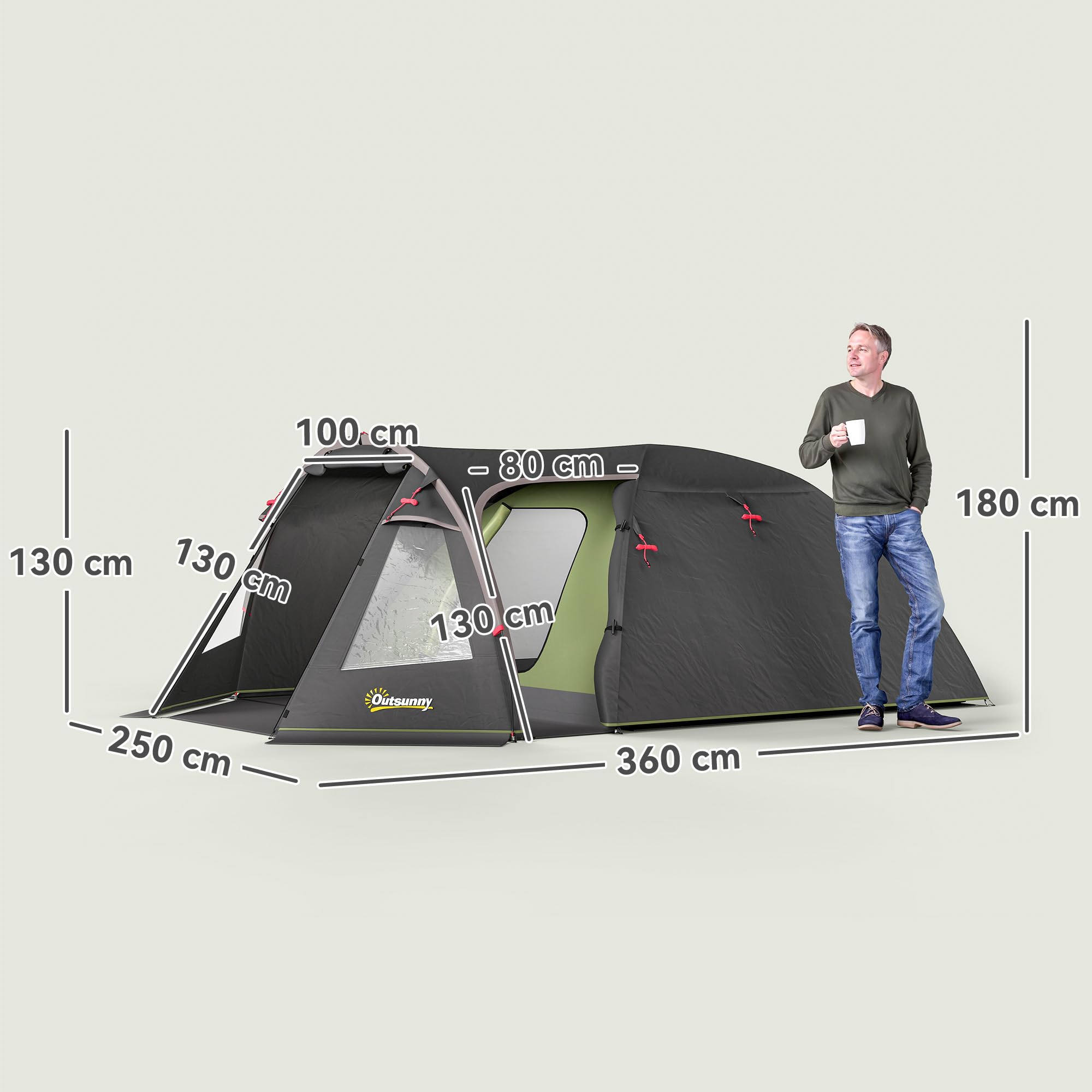 Outsunny Tente de Camping familiale pour 2-4 Personnes, Tente Tunnel imperméable 3000 mm avec 3 Portes, fenêtres, Sac de Transport, pour Camping Voyage randonnée Jardin, Noir