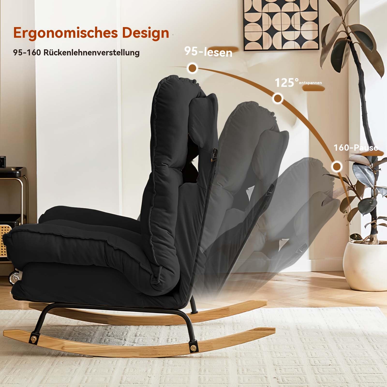 Schaukelstuhl mit Verstellbarer Rückenlehne, Moderner Akzentstuhl für Wohnzimmer Kinderzimmer Schlafzimmer, Extrabreiter Gepolsterter Gleitstuhl (Schwarz)