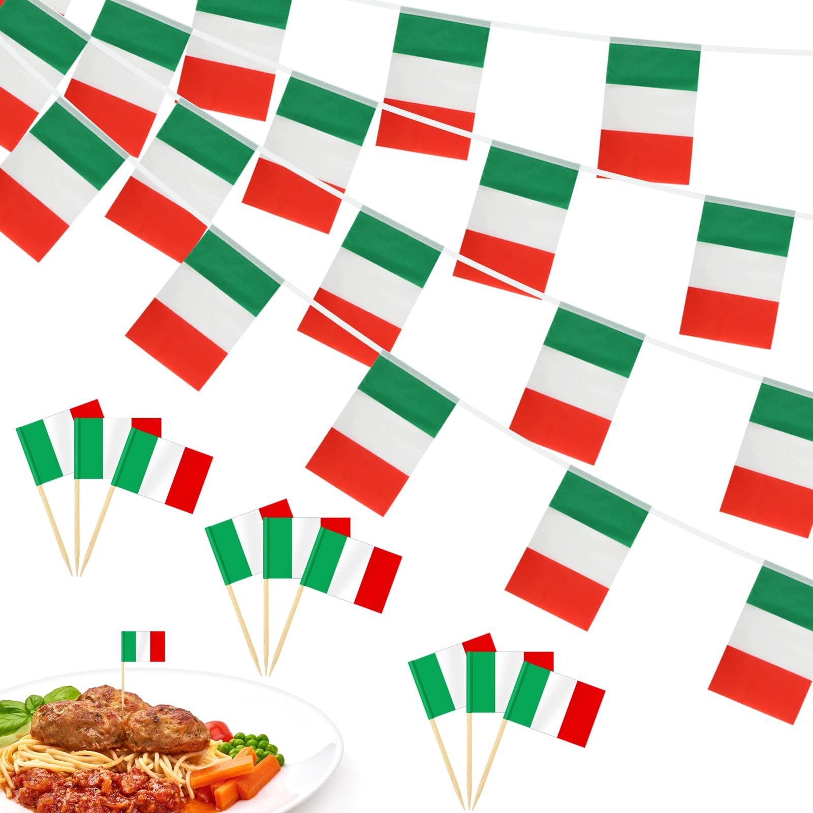 Lunhoo Italian Flag Decoration Set, 10 m/33 ft Fabric Flag Bunting, and 100 Italy Flags Toothpicks, Cake Toppers, for Football, Italian Cultural Events Decorations