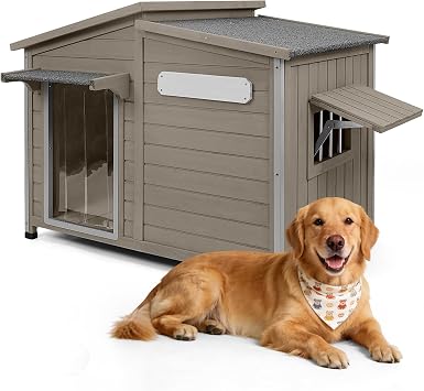 Outdoor Dog House Waterproof for Small to Medium Dogs Breeds with Openable Asphalt Roof, Anti-Chewing Iron Frame, Window, Weatherproof Indoor Outside 43.5" LX 29.5" WX 33.5" H