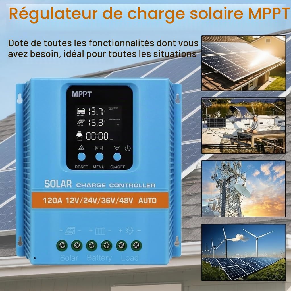 Contrôleur de charge solaire 120 A 12 V 24 V 36 V 48 V reconnaissance intelligente écran LCD batterie régulateur intelligent maximum 100 V entrée double USB pour batterie au plomb / lithium