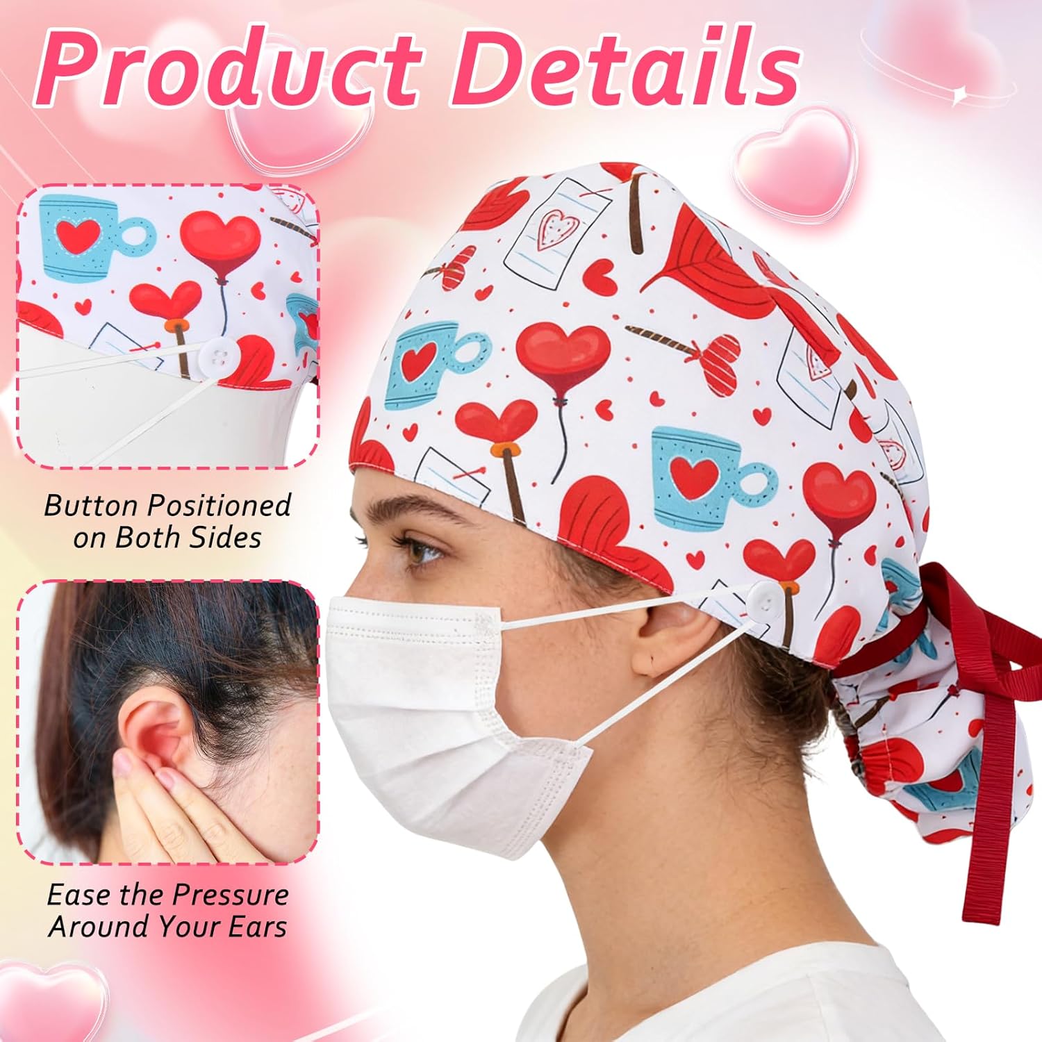 6 Pcs Valentine‘s Day Satin Lined Working Hat, Heart Pattern Scrub Cap, Women Nurse Surgical Hat Adjustable Tie Back Cover Hair with Button Sweatband for Doctor Nurse - Image 3