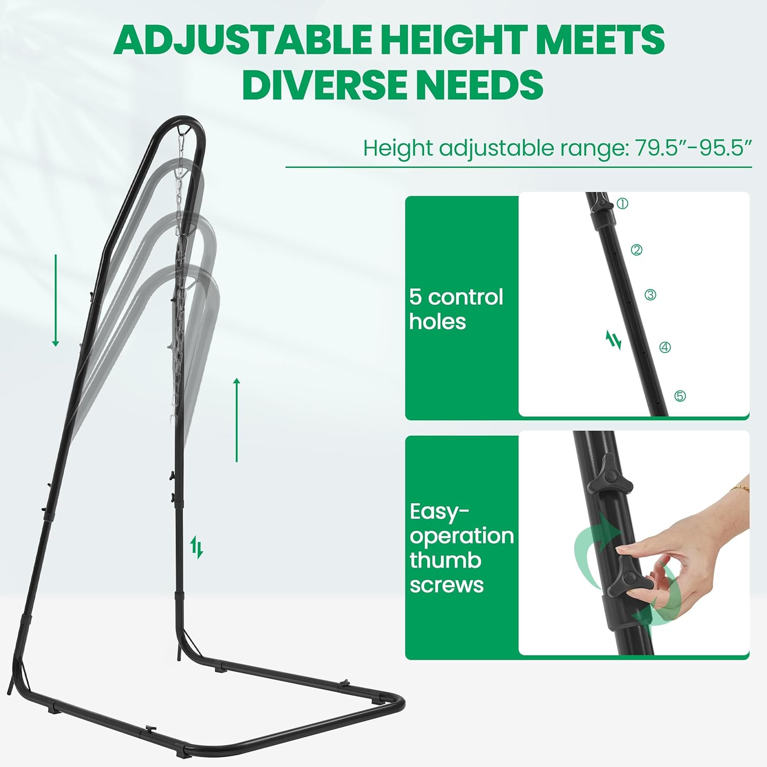 Diagram showing adjustable height range of the hammock stand from 79.5 to 95.5 inches with five control holes and thumb screws for easy operation.