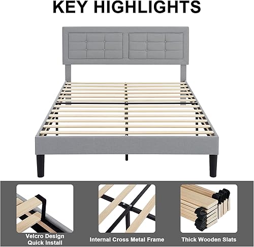 Miniatura 25 de VECELO Full Size Bed Frame with Storage Drawers, Upholstered Platform Bedframe with Wingback Headboard, No Box Spring Needed, Light Grey Gris