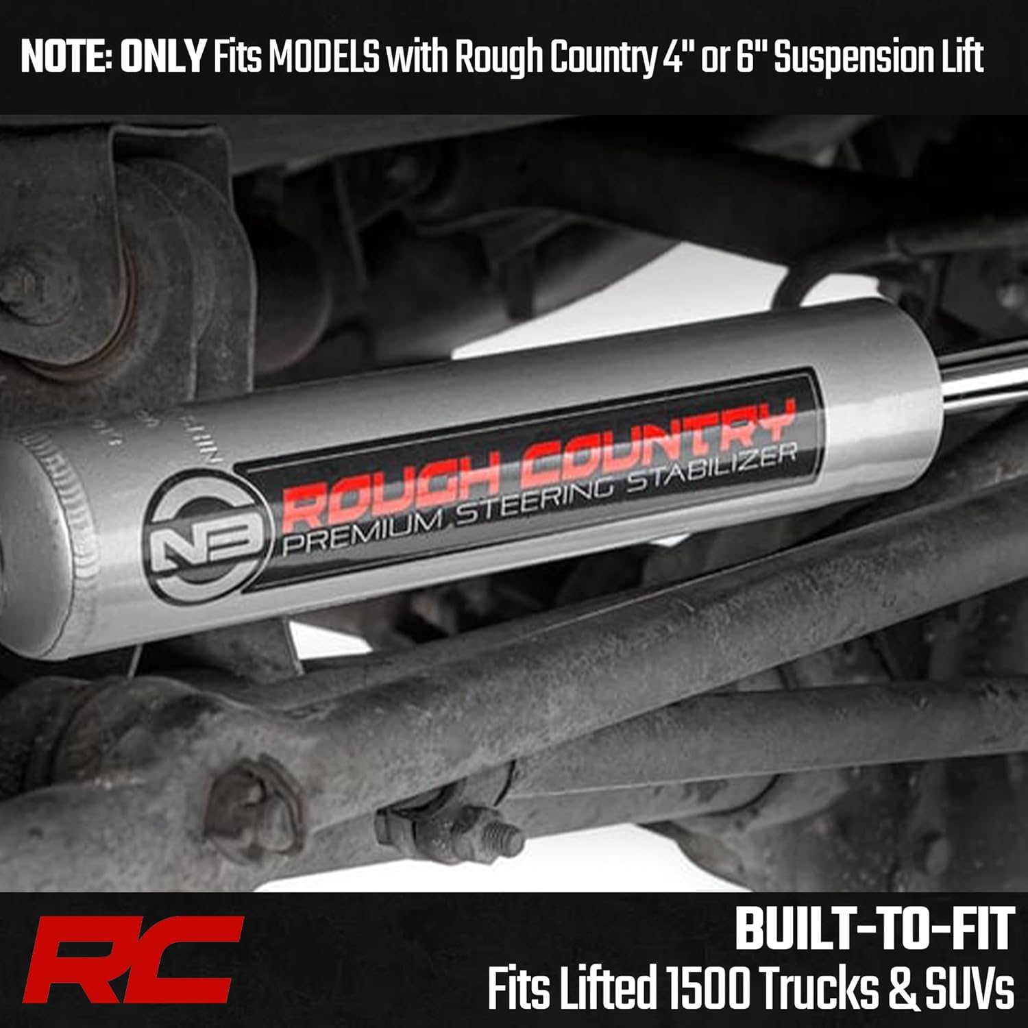 Rough Country N3 Steering Stabilizer for Chevy Silverado & GMC Sierra 1500 (1999-2006) with 4-6" Lift - Reduces Bump Steer & Vibration, Improves Control