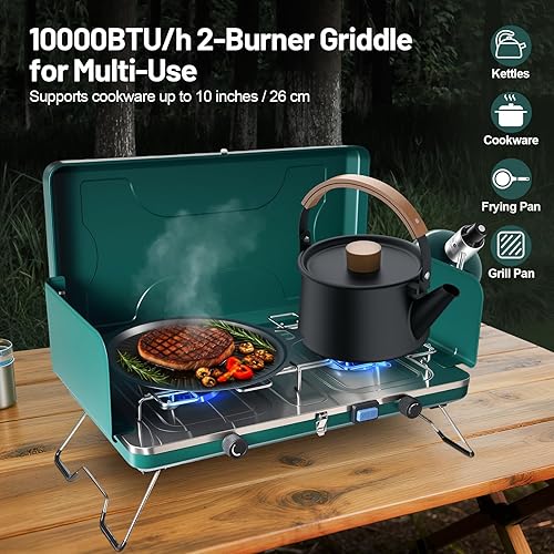 Miniatura 2 de Estufa de campamento de doble quemador, cocina de gas al aire libre resistente al viento, placa plegable estable para portón trasero, caravana,