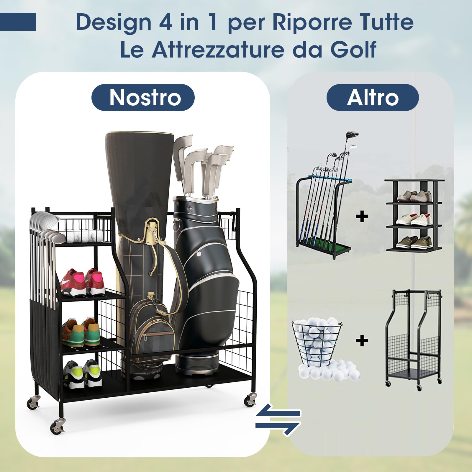 GYMAX Organizzatore per Sacche da Golf, con Ruote Bloccabili per 2 Sacche da Golf e 8 Mazze da Golf, 1 Cesto, 3 Ripiani e 4 Ganci per Attrezzature e Accessori da Golf