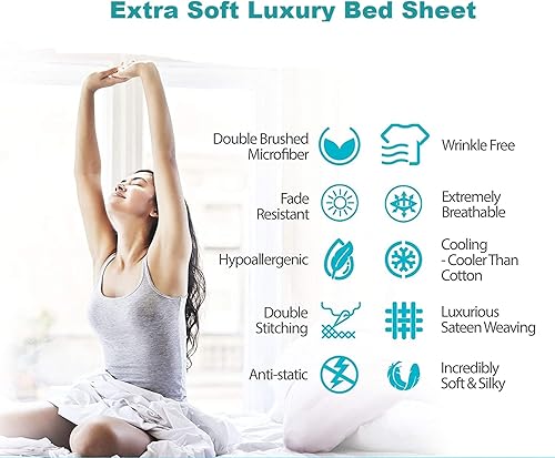 Miniatura 7 de Juego de sábanas tamaño Queen, sábanas de 4 piezas, microfibra cepillada súper suave de 1800 hilos, sábanas de lujo transpirables con bolsillo