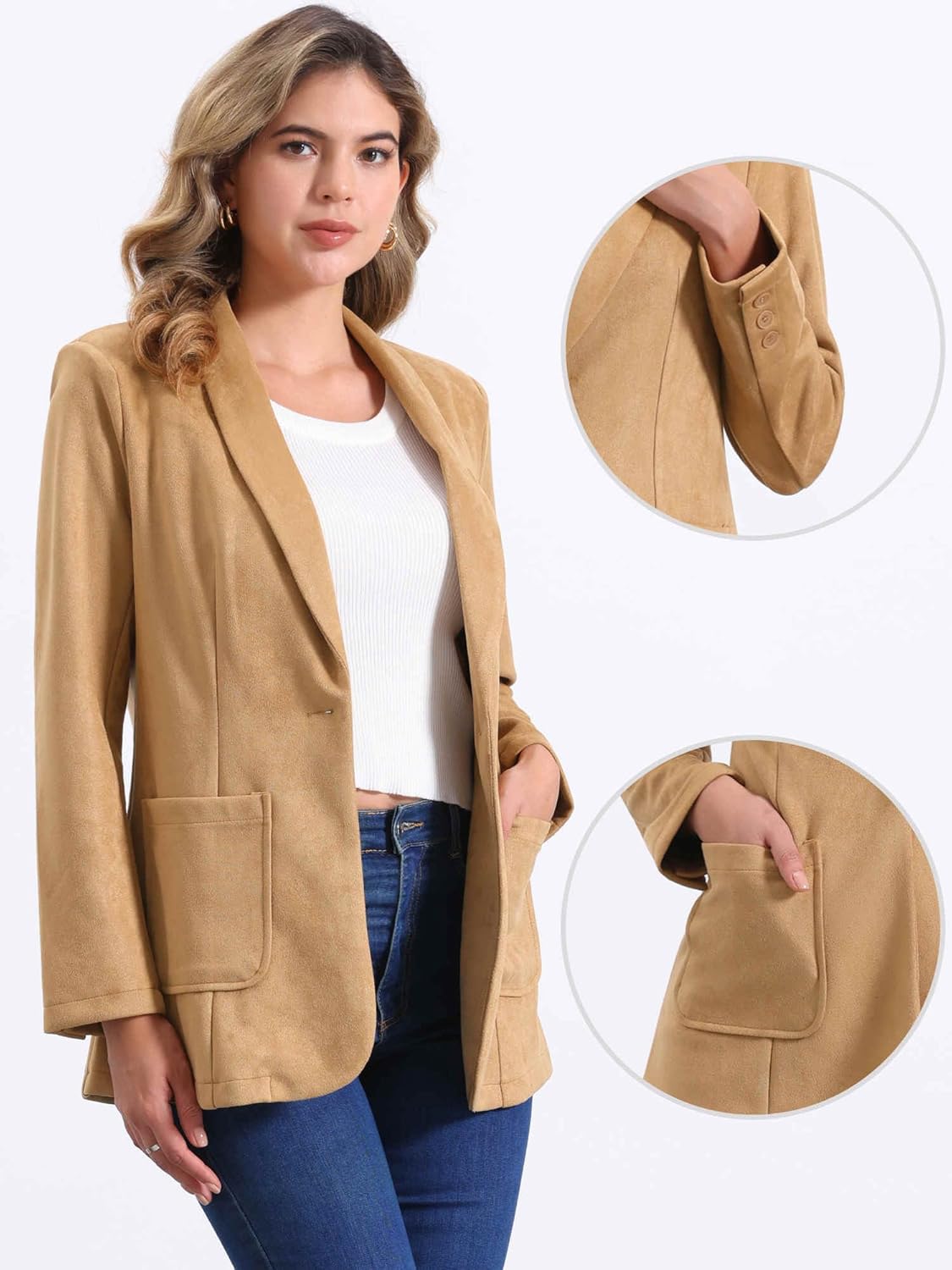 Allegra K Faux Suede Blazer for Women's Lapel Collar One Button Dressy Suit Jacket - Image 2