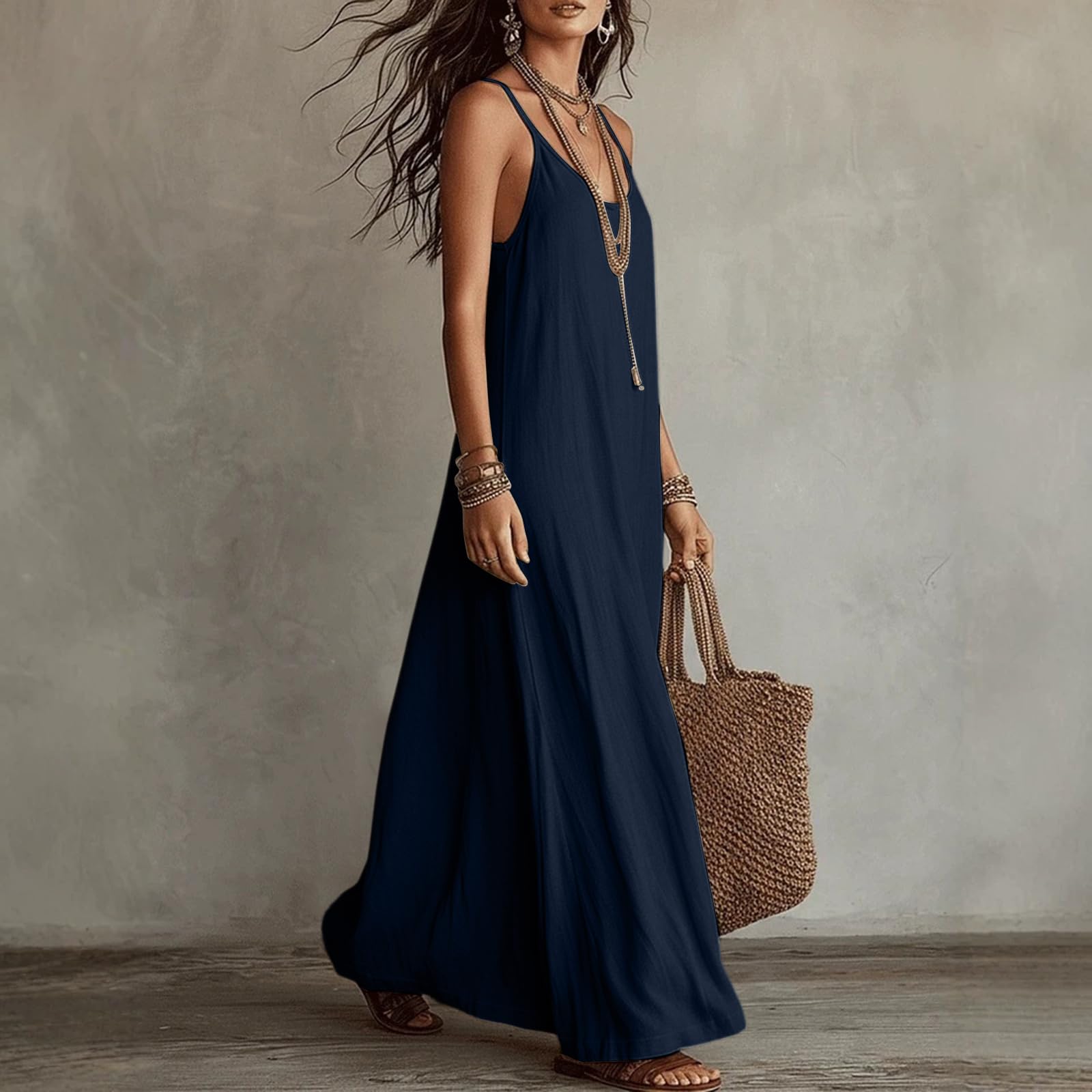 Sommerkleid Damen Ärmelloses Cami-Kleid Strandkleid Damen Boho Swing Ärmellos Lang Maxi Lässig Für Urlaub Strand Haus Einfarbig Locker Spaghettiträger Kelid