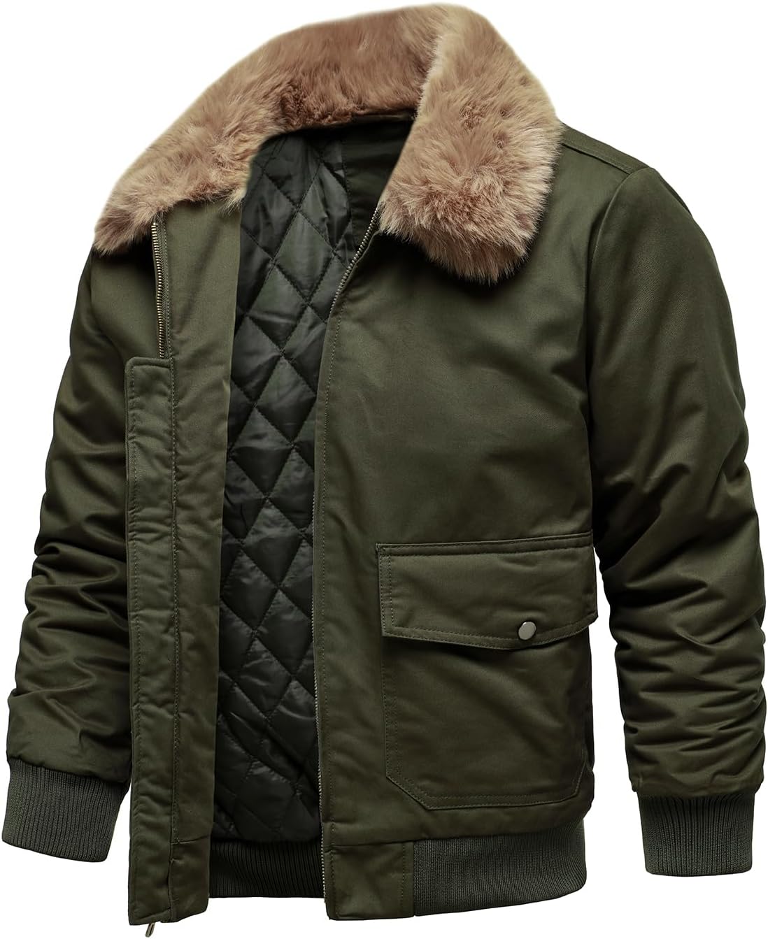 HOOD CREW Men’s Bomber Jackets Winter Insulated Padded Jacket Casual Lightweight Cotton Outerwear Coats with Fur Collar - Image 4