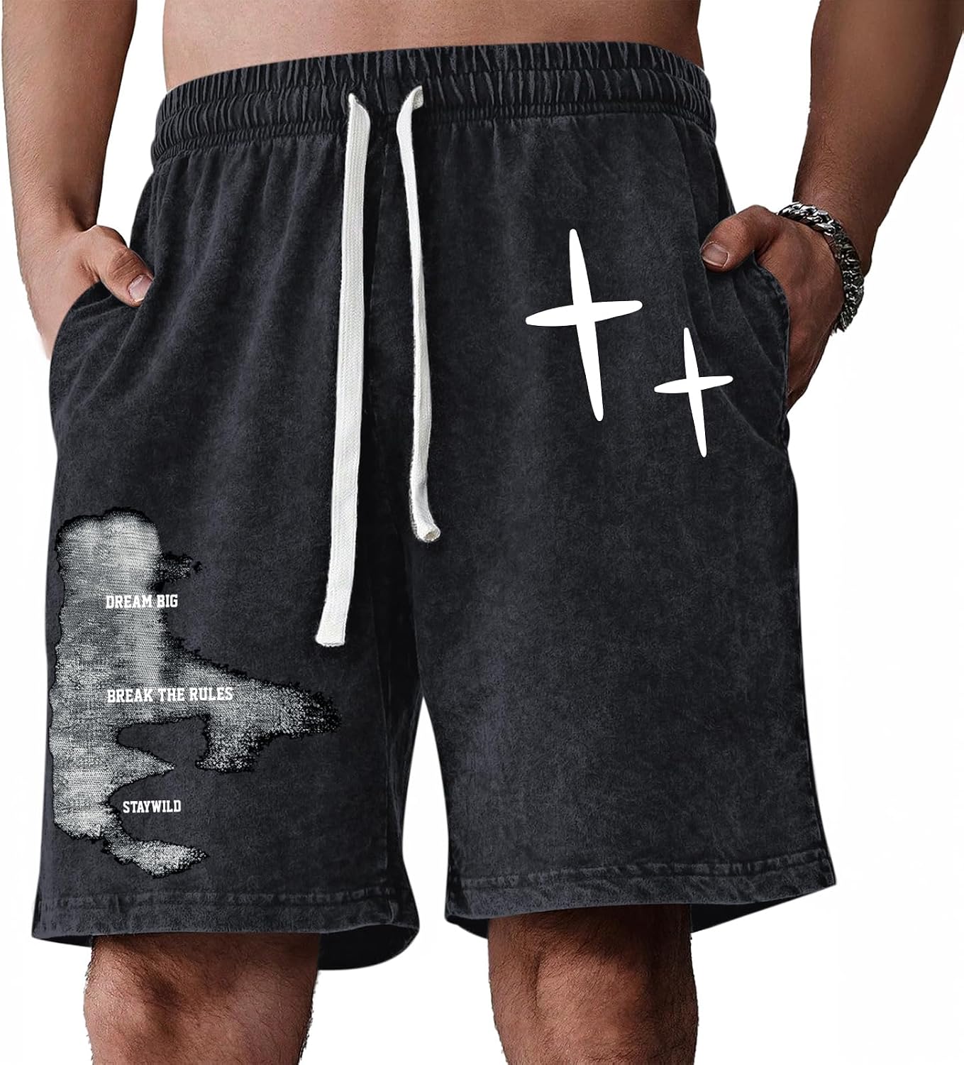 Men's Vintage Graphic Streetwear Shorts Drawstring Waist Distressed Jorts with Pockets Y2k Printed Cotton Shorts