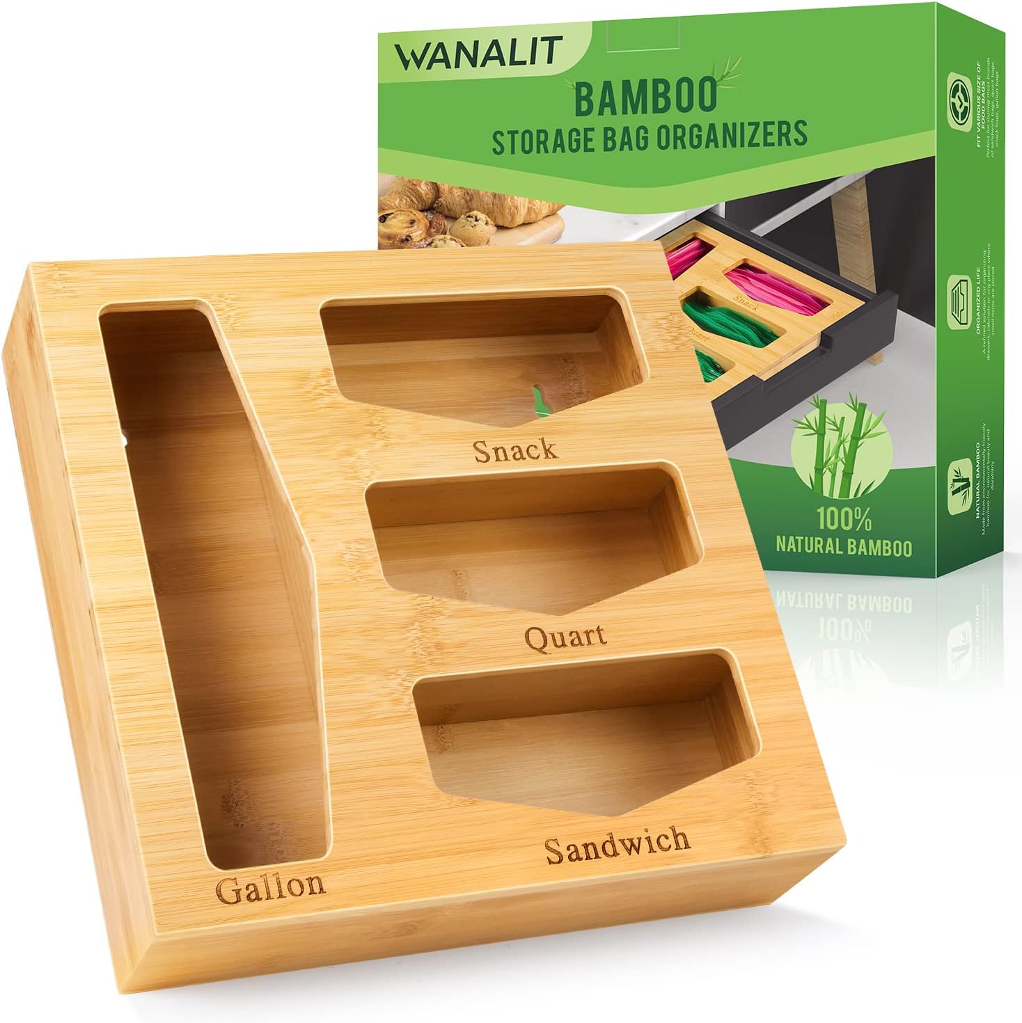 Ziplock Bag Storage Organizer for Kitchen Drawer, 4-in 1 Bamboo Food Baggie Holder, Compatible with Ziploc, Solimo, Glad, Hefty for Gallon, Quart, Sandwich, Snack & Freezer Gallon Variety Size Bag