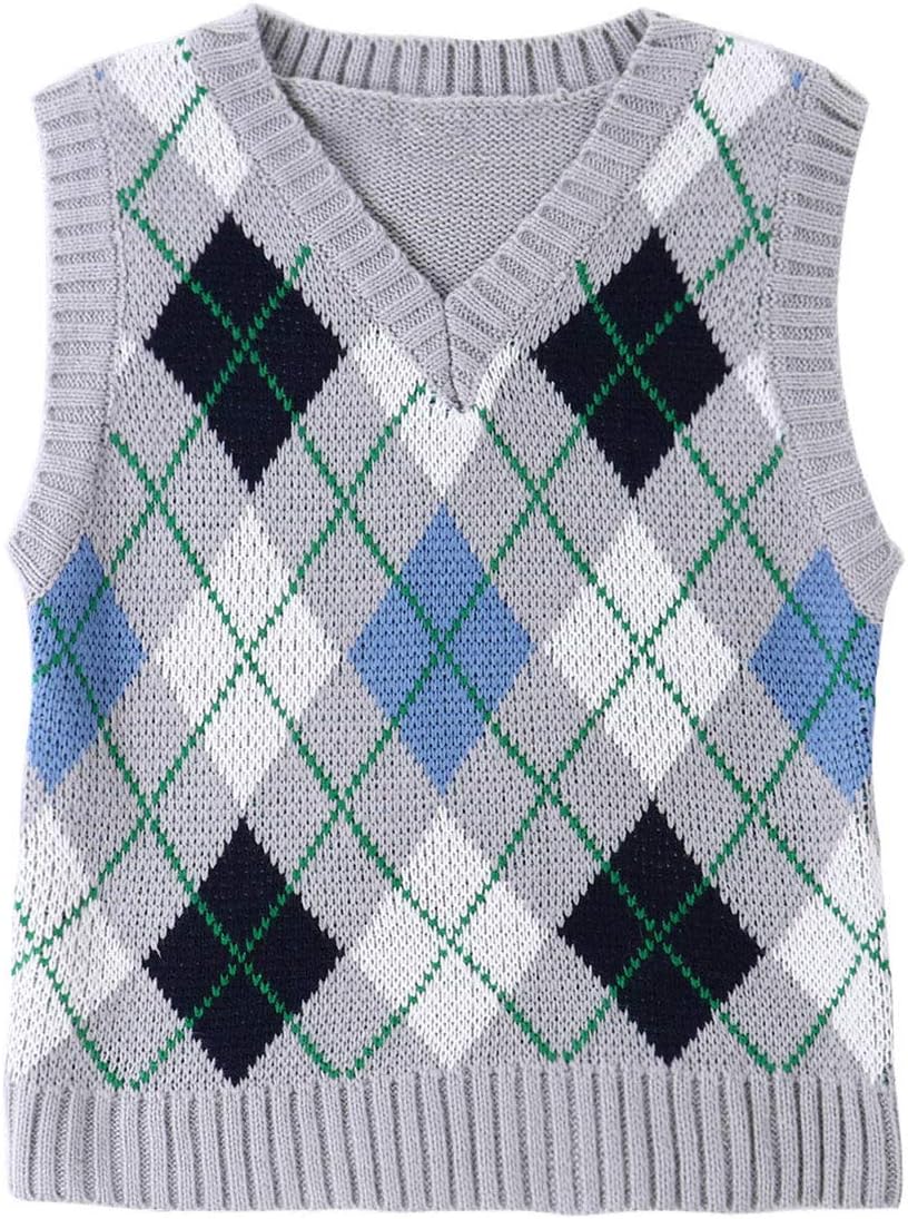 FEESHOW Women Streetwear Preppy Style Knitwear Tank Tops V Neck Argyle Plaid Knitted Sweater Vest