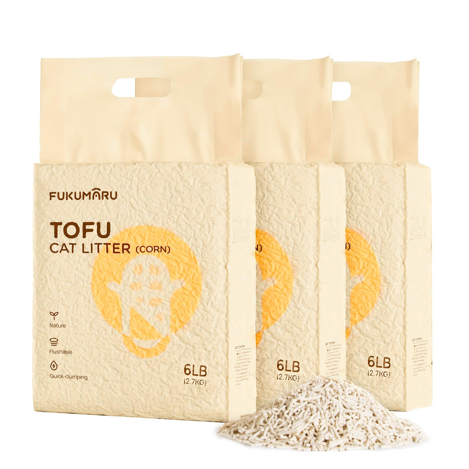 FUKUMARU Tofu Cat Litter, 8.1kg 100% Natural Ingredients Litter, Flushable, Dust Free, Quick Clumping, Lightweight, Low Tracking Cat Litter Pellets, Effective Odor Control, Unscented, (2.7kg*3 Packs) - 8.1kg, 2.7kg x 3 Bags