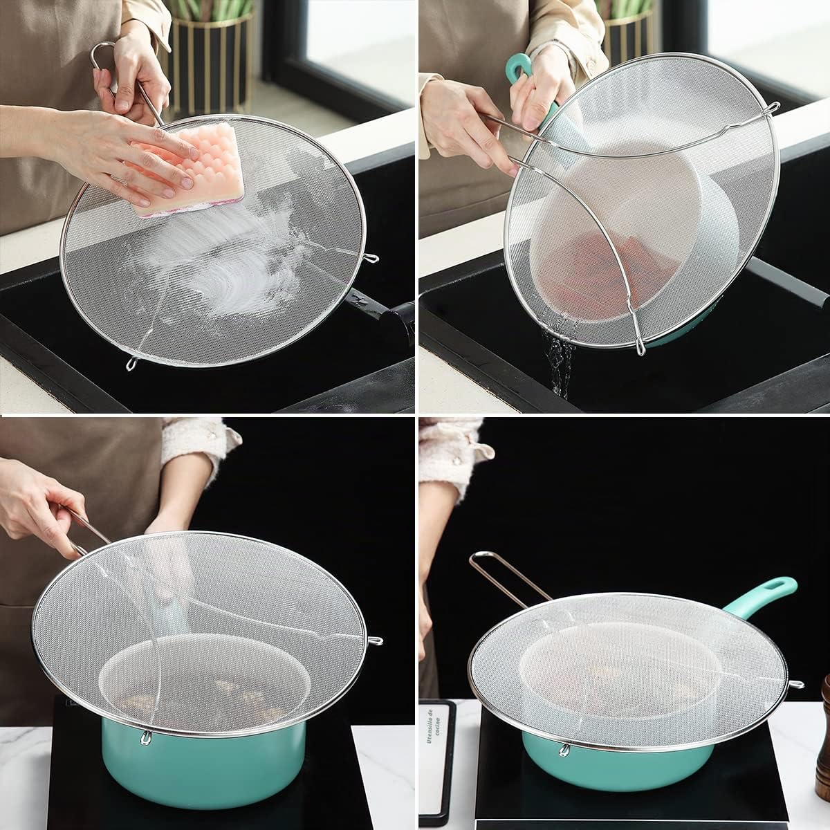 Evanda Pantalla de salpicaduras de 30 cm para cocinar, malla fina de acero inoxidable para sartén, protector de grasa para sartén para detener salpicaduras de aceite caliente, tapa de cocción segura