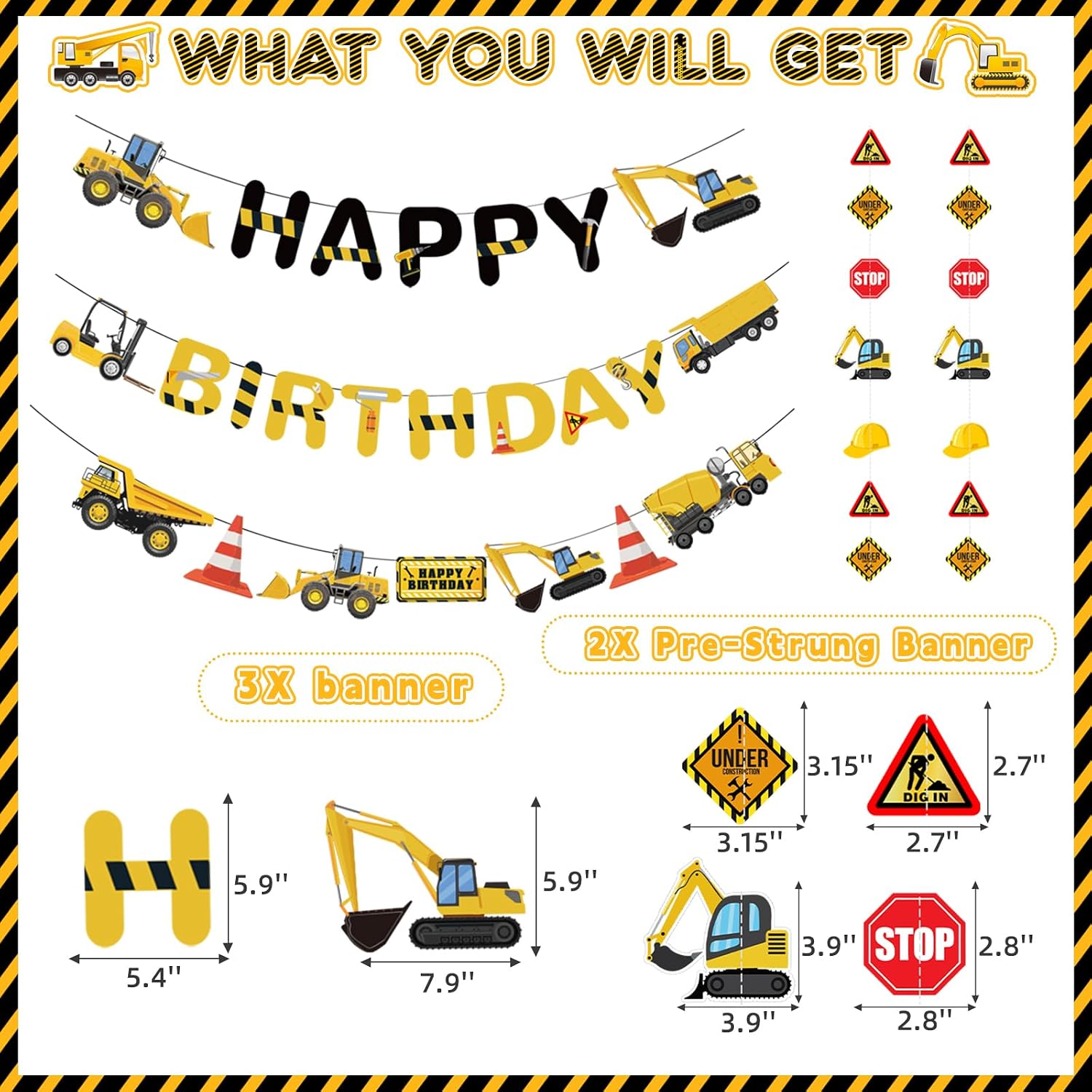 5Pcs Construction Birthday Banner, Construction Birthday Decorations with HAPPY BIRTHDAY Party Banner Traffic Zone Paper Garland for Boys Constructions Party Supplies, Baby Shower