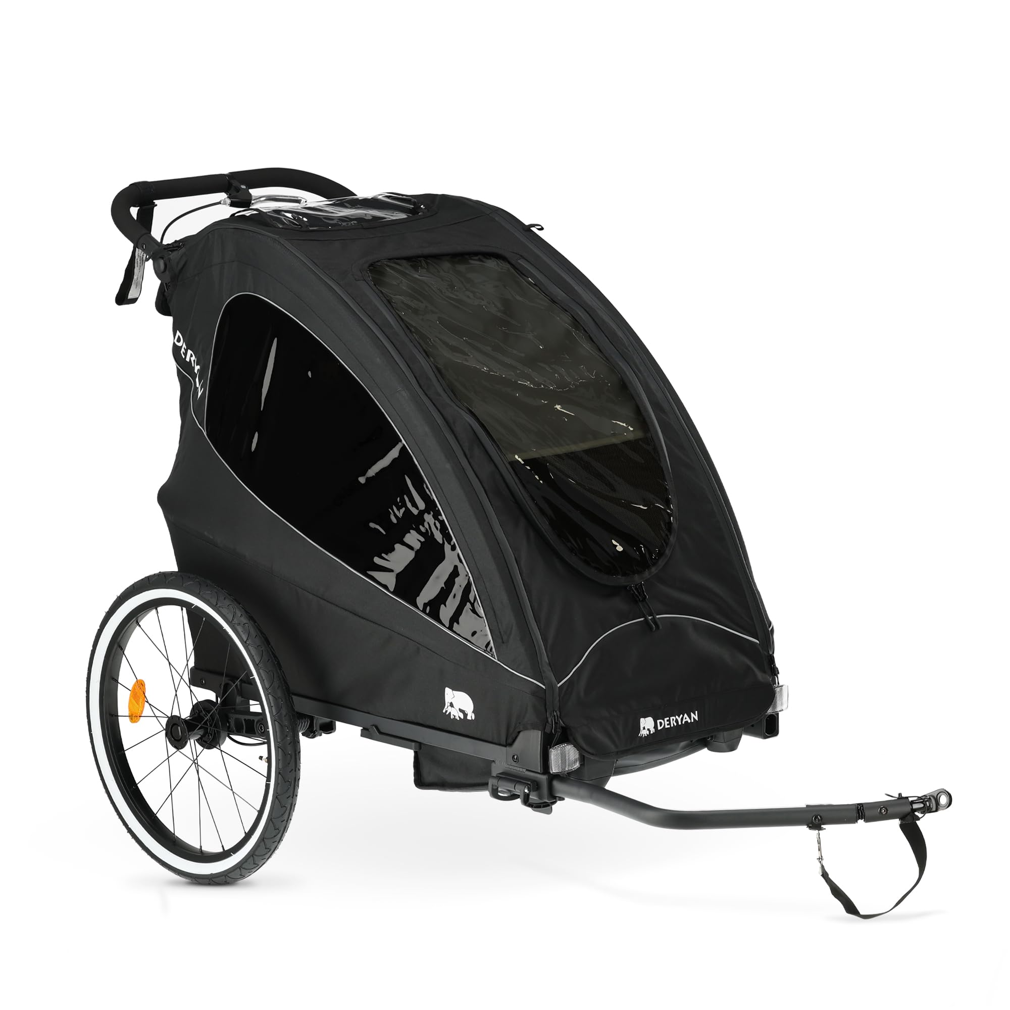Deryan Luxus 3-in-1 Rimorchio per Bicicletta per 1 Bambini – Rimorchio per Bicicletta, Passeggino & Jogger – Passeggino Multifunzionale con Cintura a 5 Punti – Nero