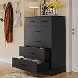 Black Dresser for Bedroom, 6 Drawers Dresser Wood Storage Tower Clothes Organizer, Chest of 6 Drawers, Large Capacity Storage Cabinet, Tall Dressers for Bedroom, Hallway, Entryway