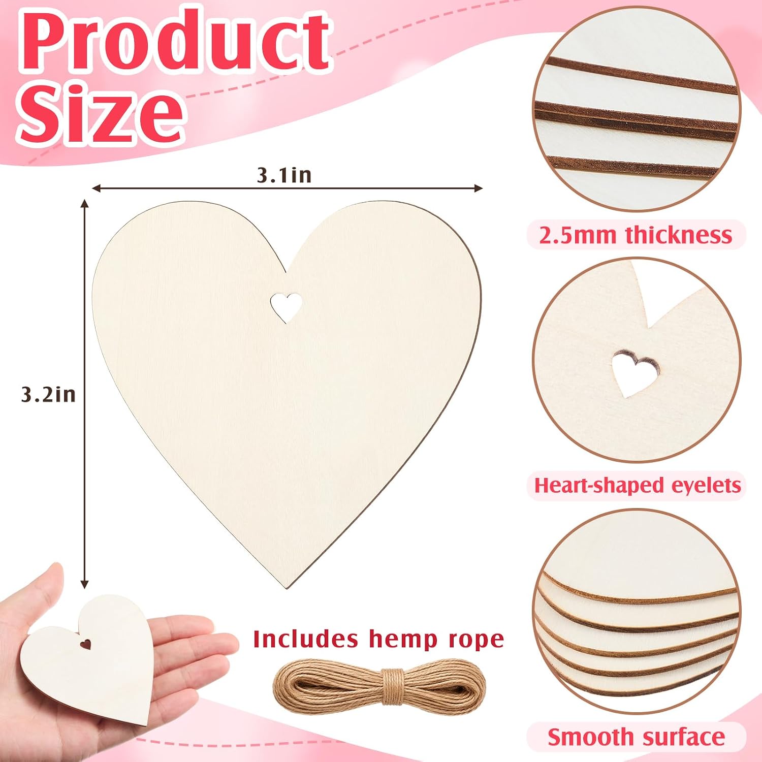 Qunclay 100 Pcs Natural Wooden Hearts Ornaments for DIY Crafts 3.15 Inch Blank Unfinished Predrilled Heart Slices with Hemp Rope for Father's Day Wedding Home Front Door Decor