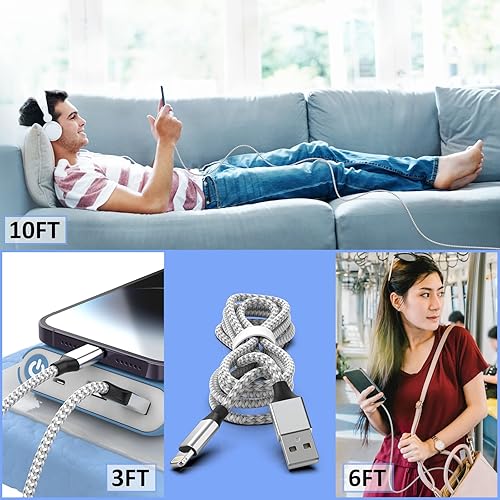Miniatura 7 de Certificado Apple MFi Paquete de 6 cables Lightning largos de 3366610 pies de carga rápida para iPhone, sincronización de datos de alta velocidad,