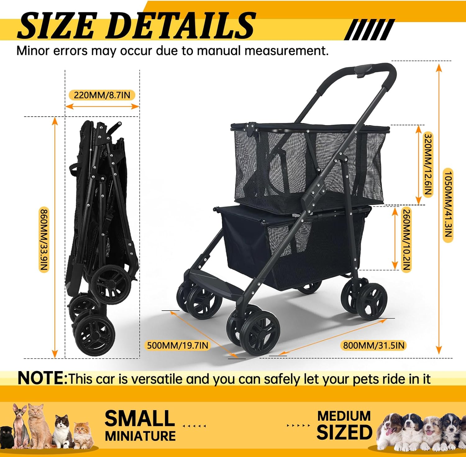Folding Shopping Cart & Pet，110lbs ，2-in-1 Personal Cart with Removable Basket & Lower Dogs Stroller，Single-Hand Fold, Collapsible Utility Trolley Cart for Groceries, Laundry, Camping & Pet Traveling