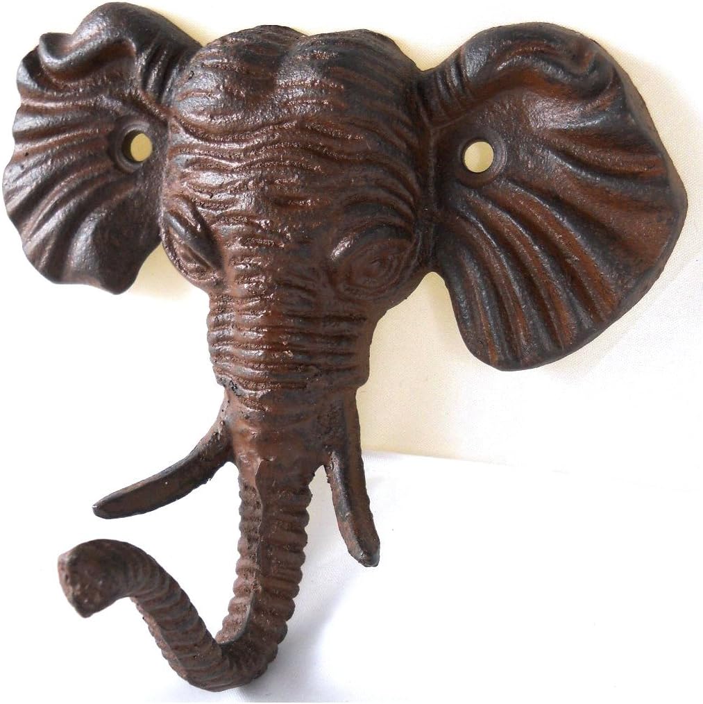 Upper Deck Antiqued Reproduction Cast Iron Elephant Head Single Hook Wall Decor