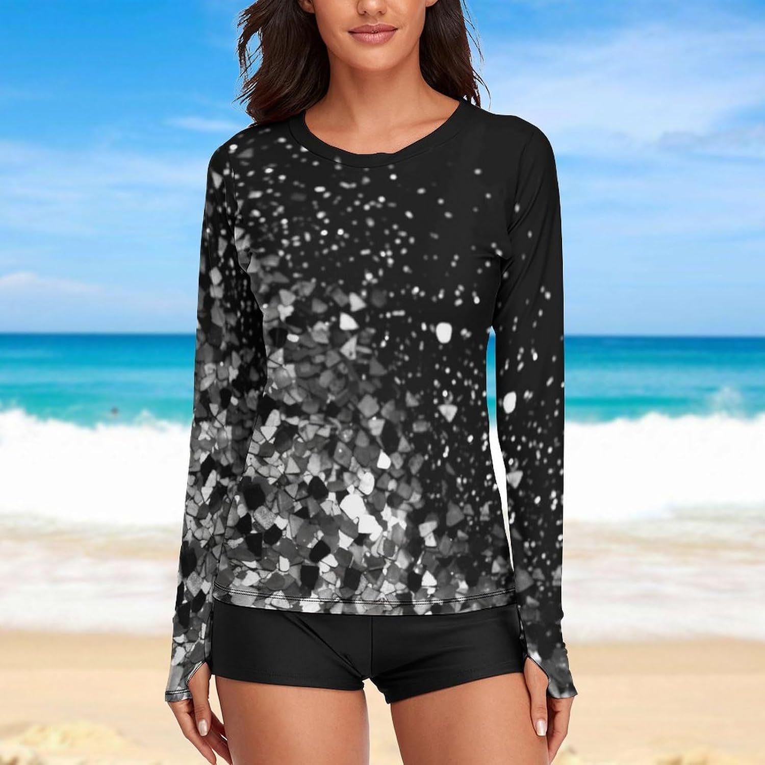 Black White Glitter Rash Guard for Women Long Sleeve Swimsuits Sun Protection Sun Shirt Swim Shirts Hiking Tops
