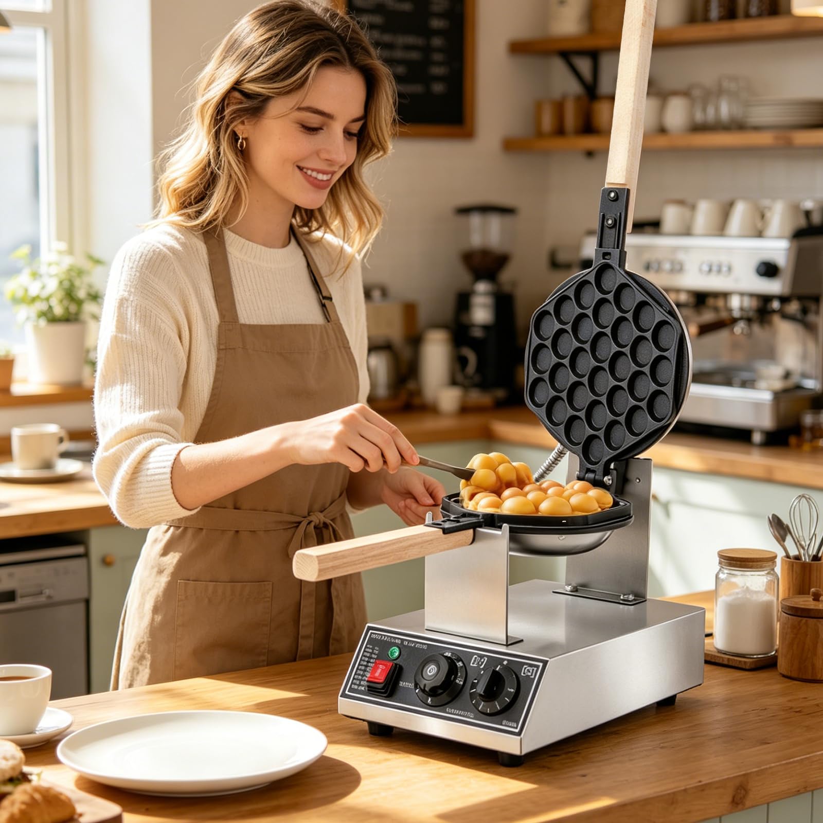 Gofrera Bubble Waffle Maker con función giratoria de 180°, control de temperatura de 50 a 250 °C y temporizador de 0 a 5 minutos, antiadherente, máquina de gofres de huevos de Hong Kong para cafetería