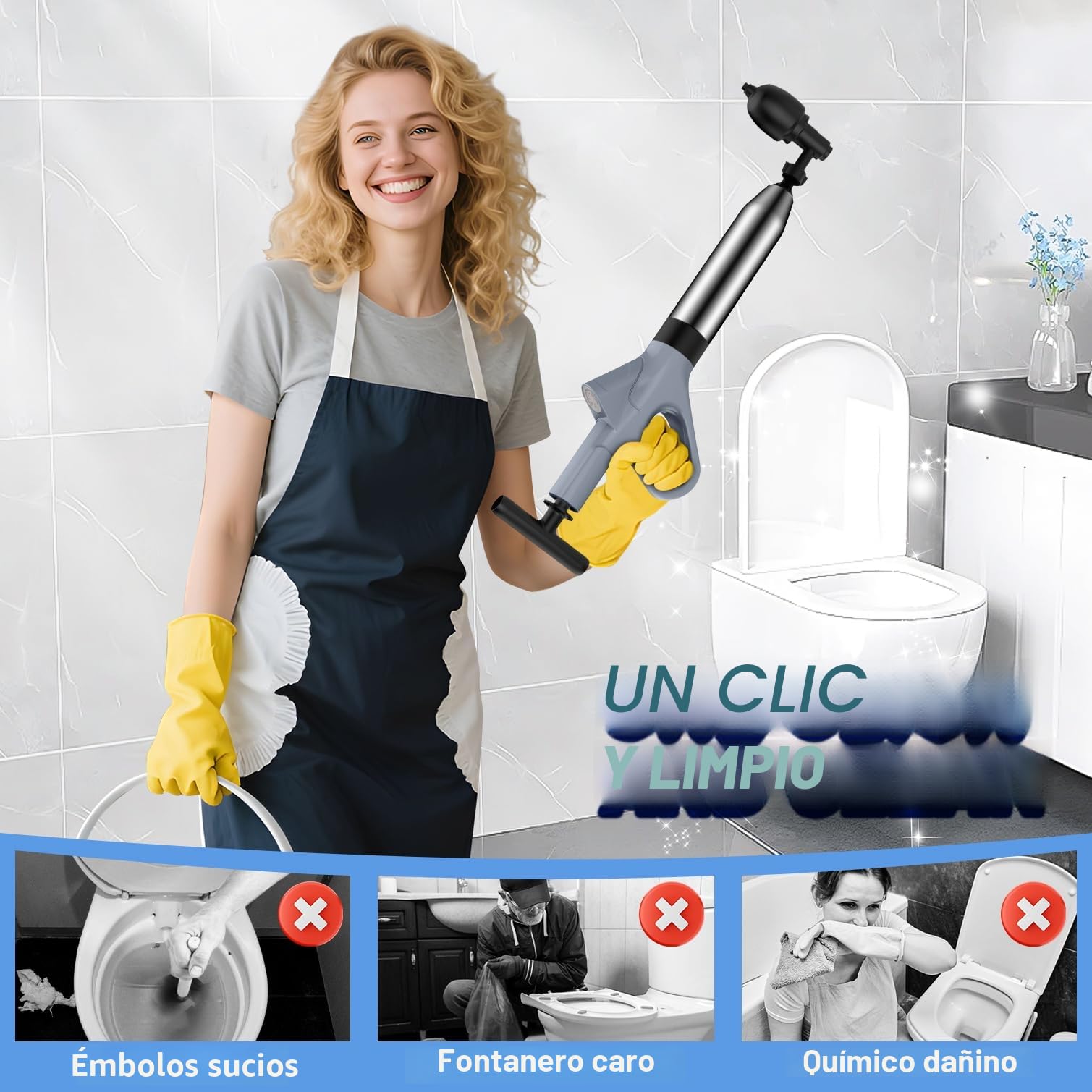 Desatascador tuberías profesional a presión, destapador de cañerías con manómetro visible, apto para WC, lavabos y fontanería del hogar