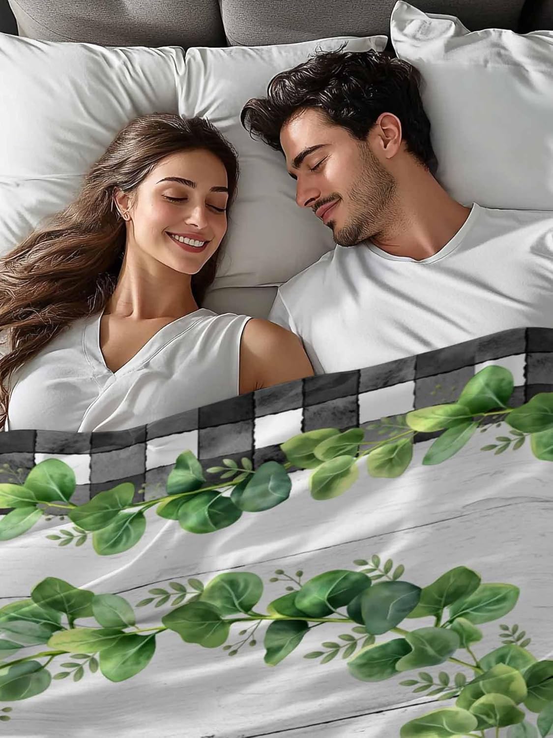 Top Sheet Full Bedding Flat Sheet Only, Farmhouse Green Leaf Wreath Microfiber Bed Sheets Soft Breathable Bedding Flat Sheets, Country Leaves Wood Plank Plaid Hotel Luxury Top Sheets