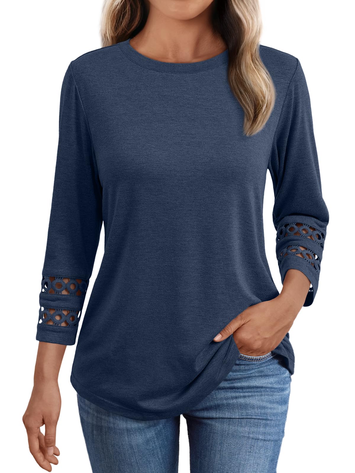 AUTOMET 3/4 Length Sleeve Womens Tops Crewneck Lace Tunic Business Casual Dressy Blouses Spring Trendy Outfits 2025