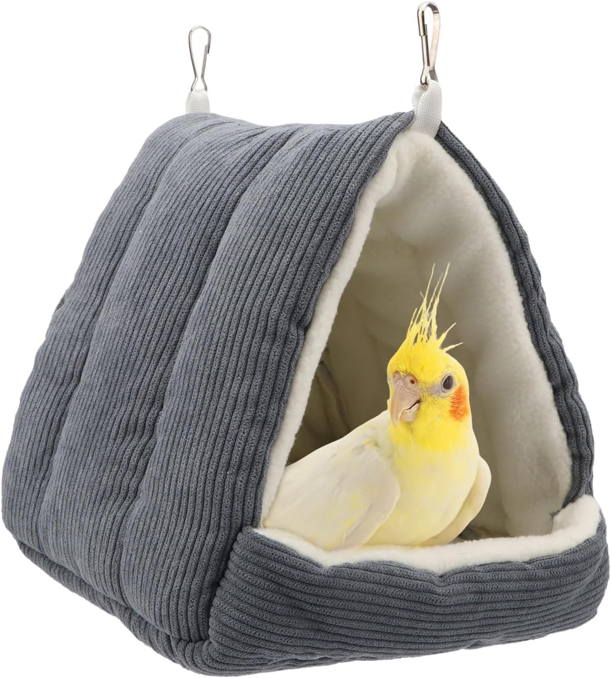 Winter Warm Bird Bed House for Cage, Hanging Hammock, Gray | Soft cotton warm, bright yellow attracts birds, metal hooks easy hang & washable, for parakeets/budgies/cockatiels/conures