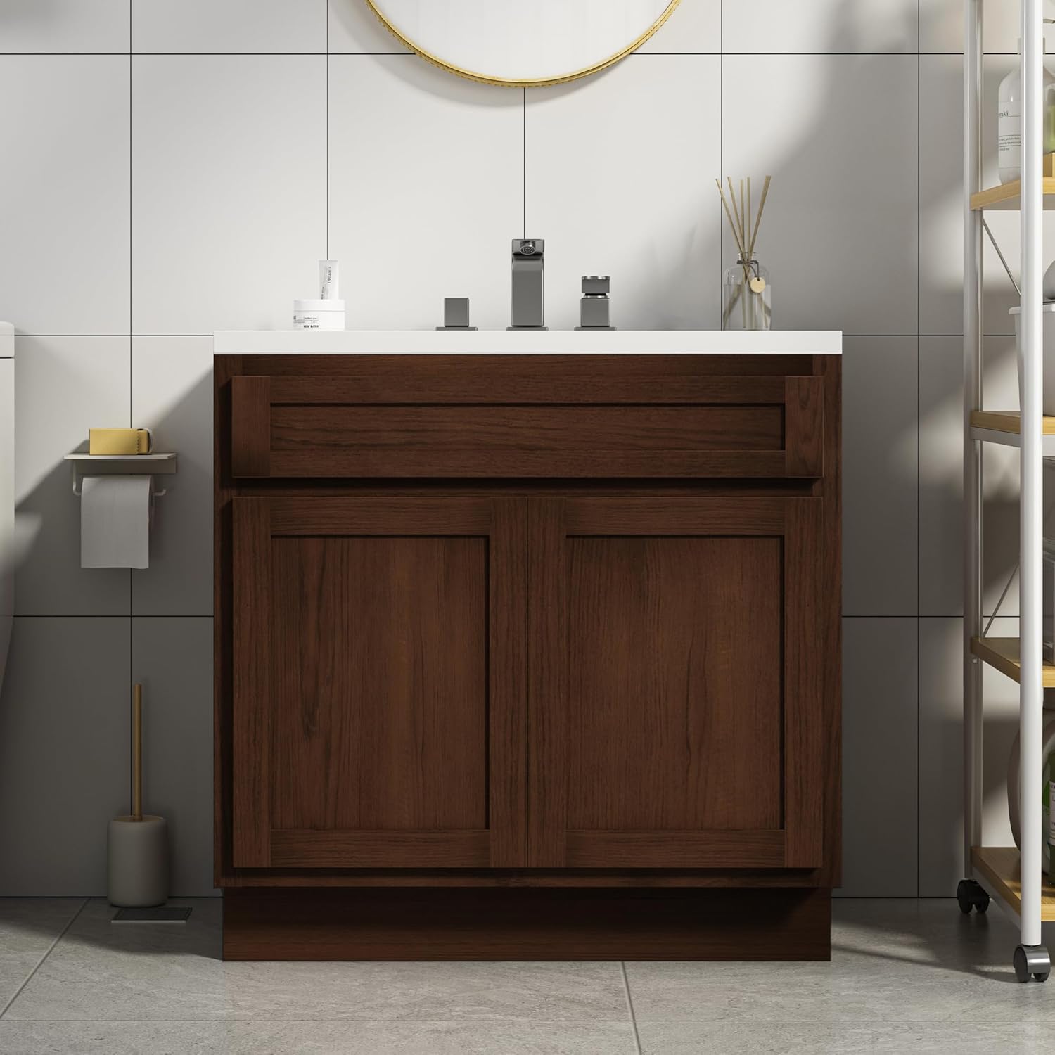 HomeBeyond 33 Inch Bathroom Vanity Base Only, Single Vanity Cabinet with Double Soft Closing Door, Composable Floor Mount Cabinets Without Top, Rustic Brown