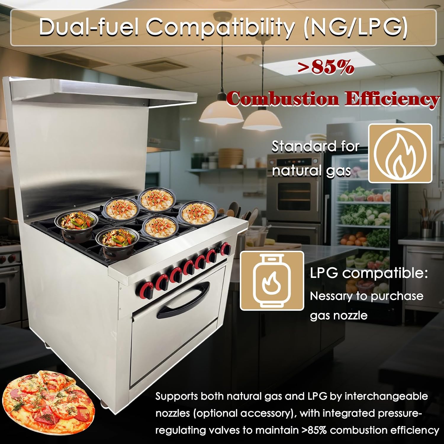 Commercial Gas Range 6 Burner with Standard Oven Heavy Duty Gas Hot Plate Stove Stainless Steel Restaurant Kitchen Equipment Claypot Cooking & Baking Oven, NG/LPG