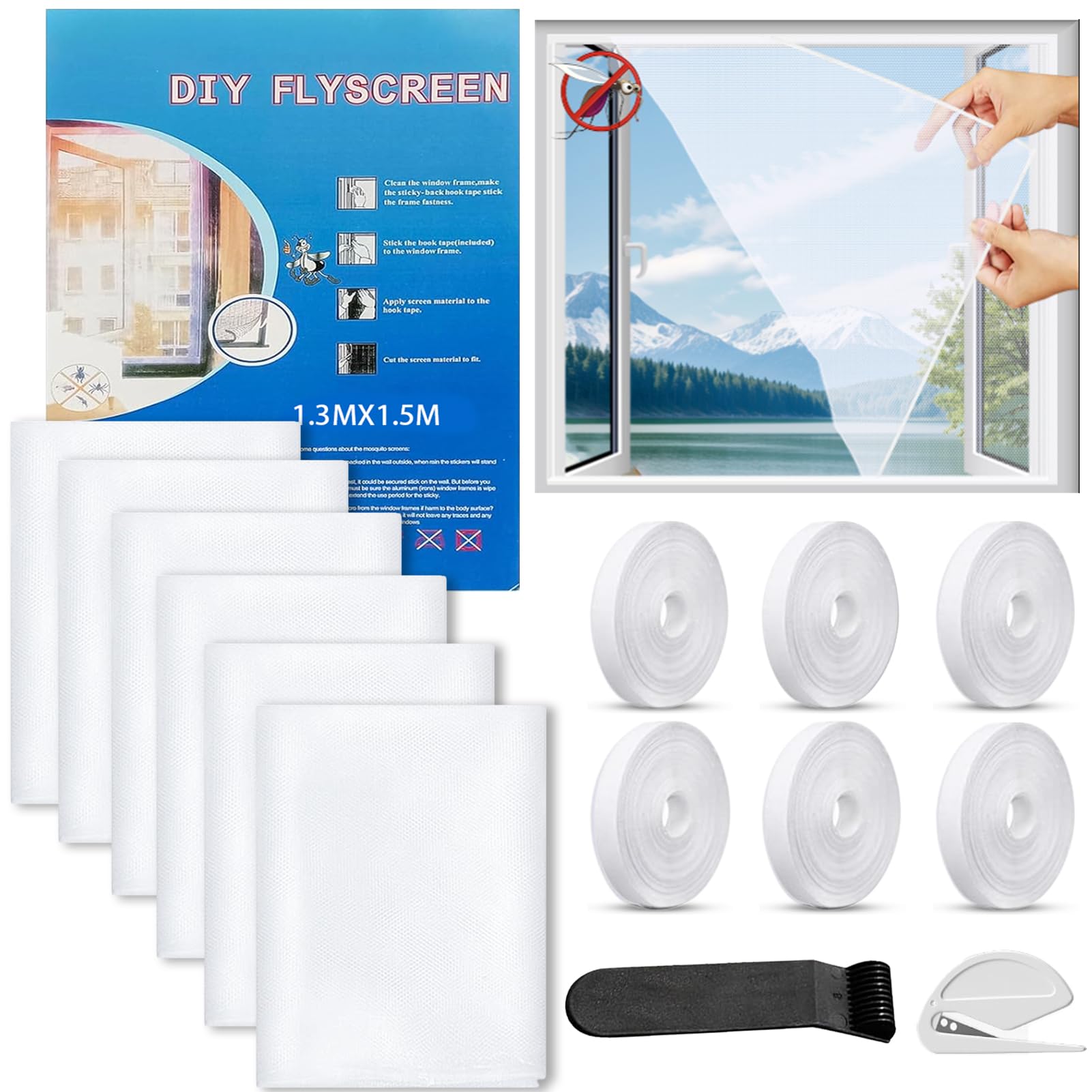 WENXUKHV 6 Packs Window Netting for Insects 1.3 * 1.5M Fly Screens for Windows DIY Self-Adhesive Adjustable with 6 Rolls with Velcro and Other Accessories Protect Your Family from Insects