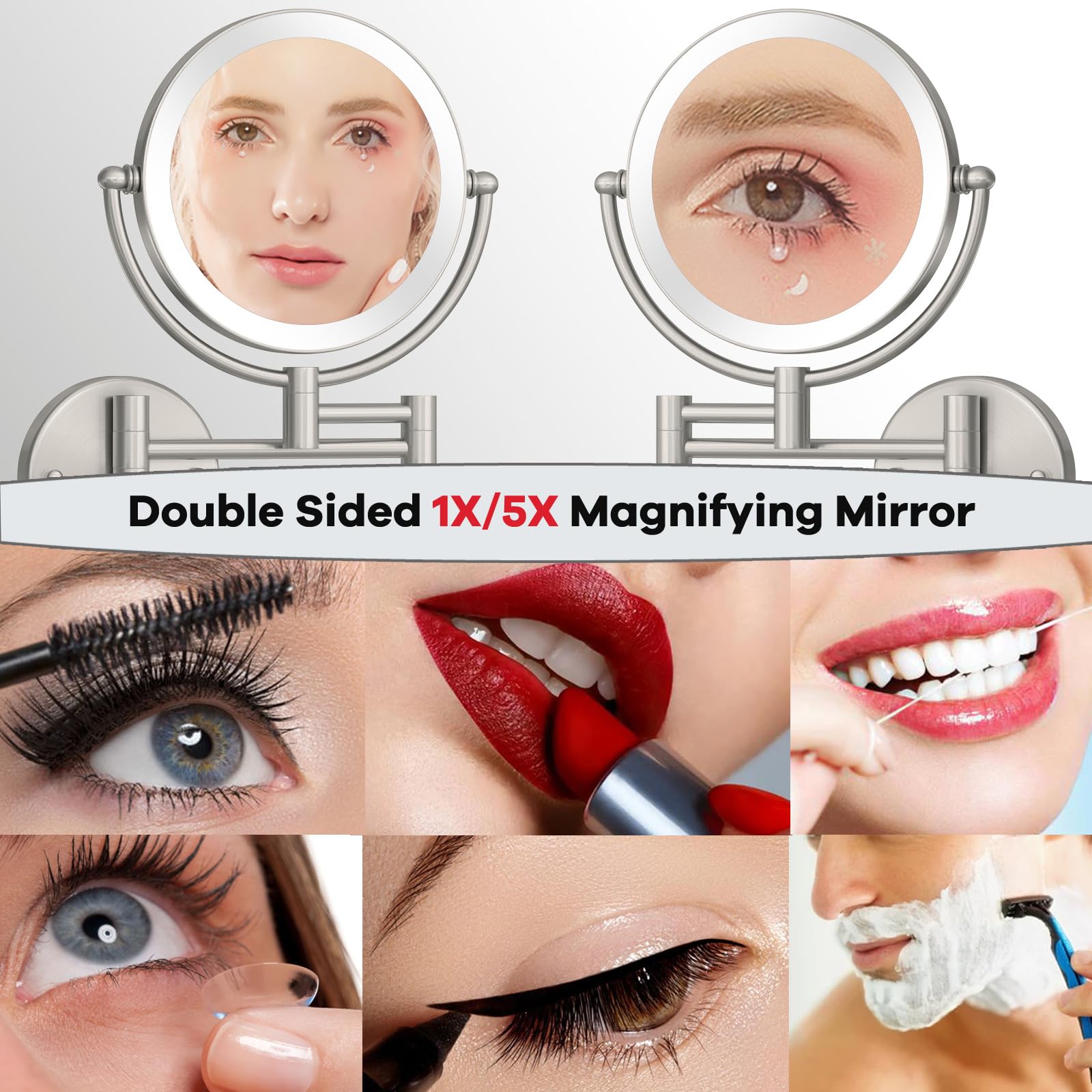 Espejo Maquillaje con Luz Aumento, 1X/5X Latón Doble Cara Espejo Aumento, Control por Interruptor Táctil, Brillo Ajustable, 360 Giratorio Espejo,Espejo de Afeitar para Baño,USB Recargable