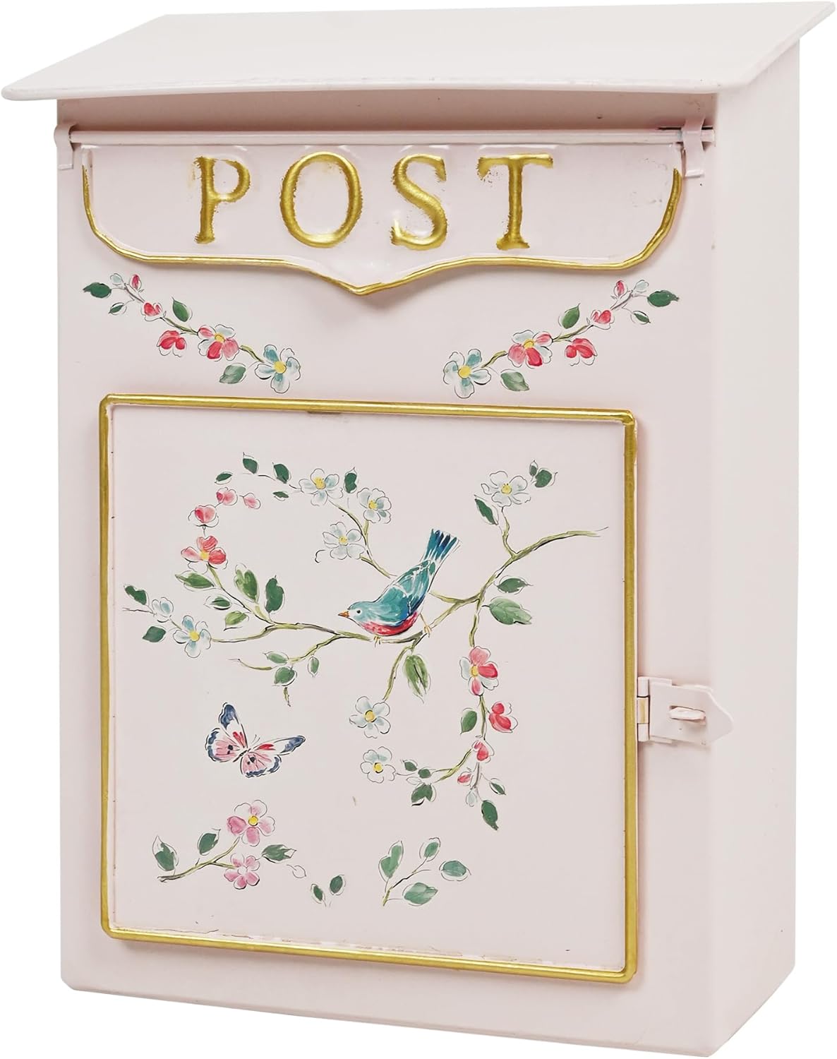 Mailbox Wall Mount Mailboxes for Outside Vintage Mail Boxes for House Outside Metal Drop Box Antique Style Nostalgic Charm Home Decorative, Butterfly Pattern, White
