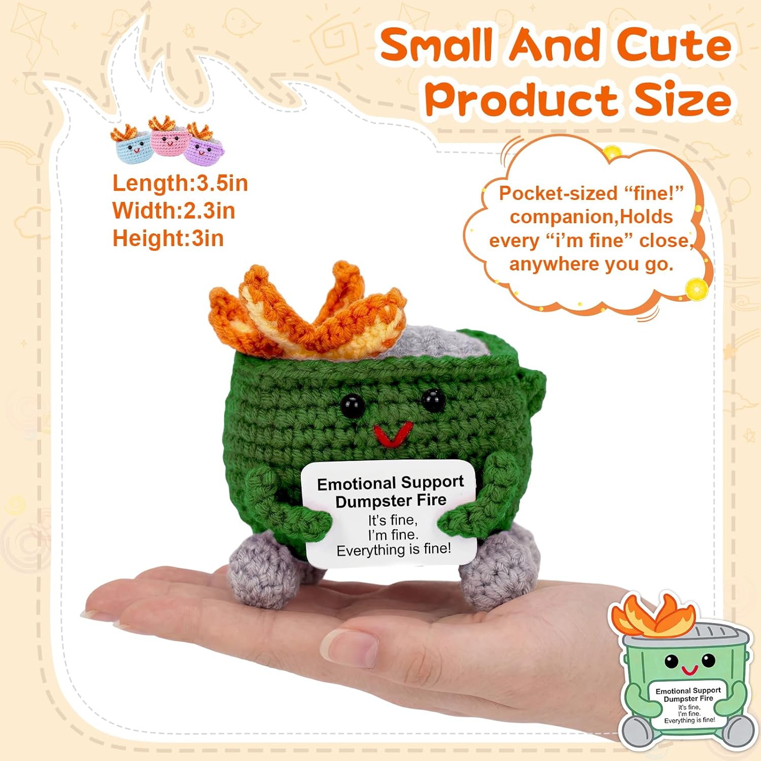 7 PCS Emotional Support Dumpster Fire Crochet with Positive Card, Cute Handmade Desk Accessories, Stress Relief Birthday Coworker Gifts for Women Men, Funny Office Decor