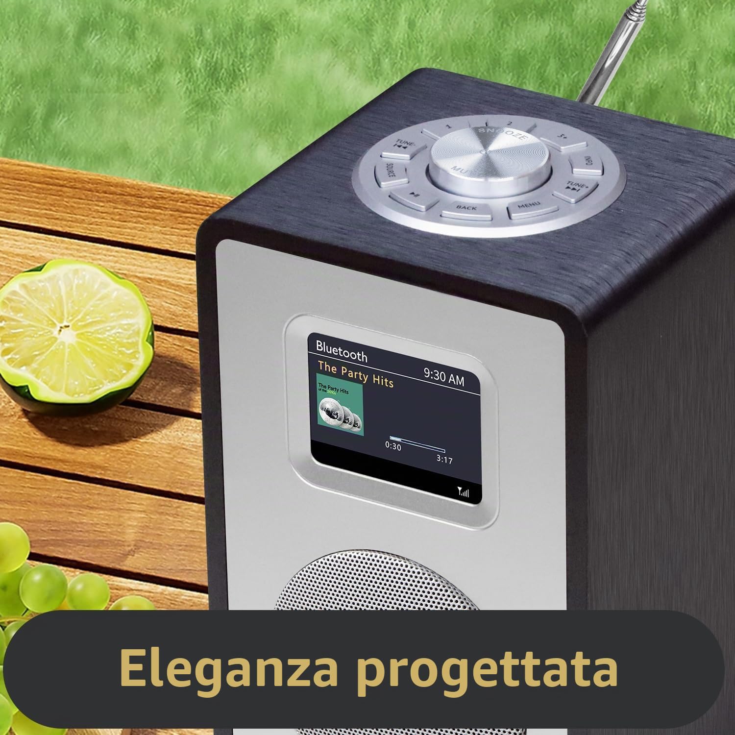 LEMEGA CR4+ Radio Digitale DAB/DAB+，Radio Altoparlante Bluetooth Portatile, Radio DAB Portatile, Radio FM da Cucina e da Letto, Mobiletto in Legno, Alimentazione a Rete e Batterie - Quercia nera