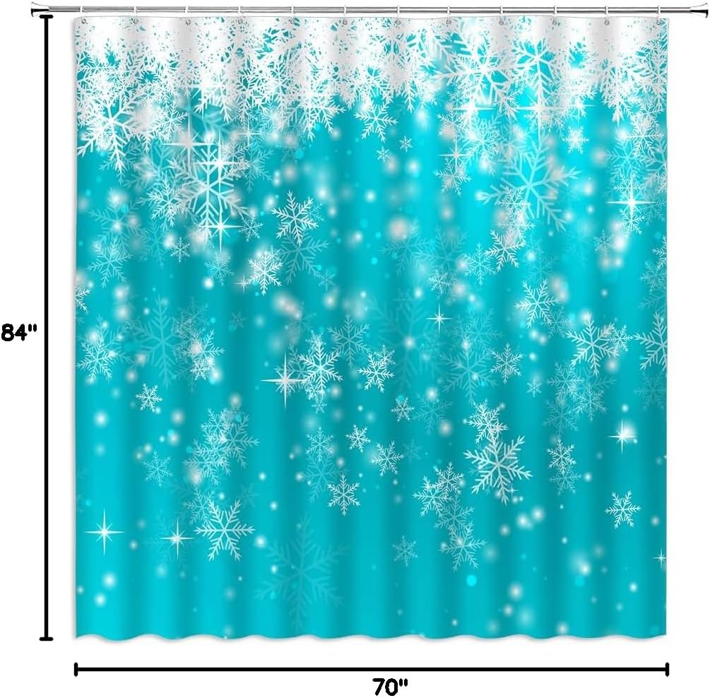 Snowflake Shower Curtain Blue Merry Christmas Winter Snowy Scene Shiny Xmas Festive Happy New Year Fabric Bathroom Decor Set with Hooks (84" Wx70 H)