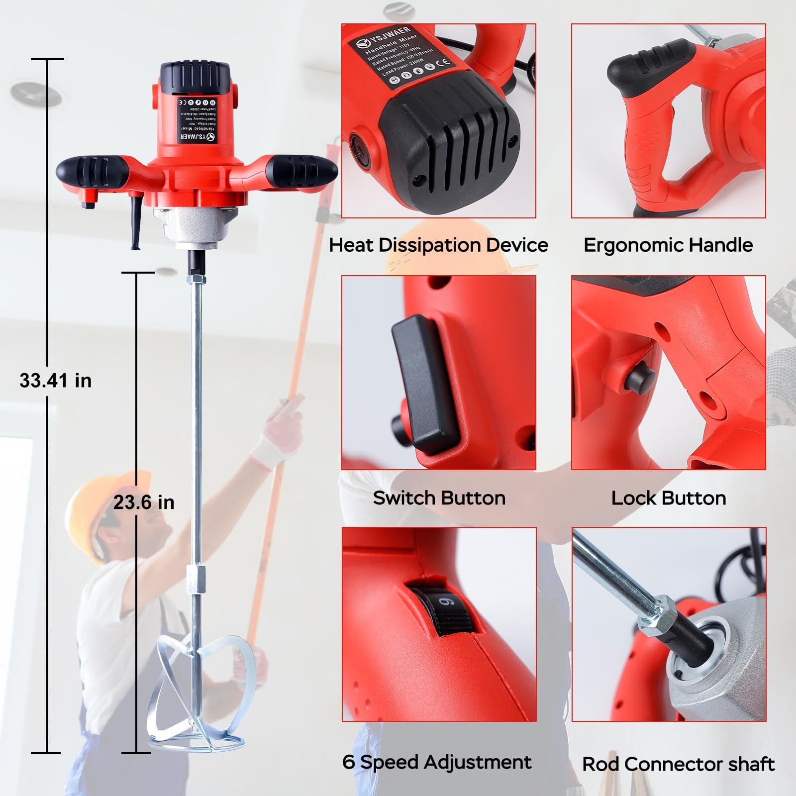 Mezclador de cemento eléctrico para hormigón, 2300 W, 6 velocidades ajustables para mezclar cemento, mortero, pintura, yeso, forraje